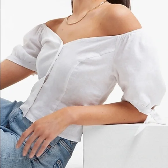 NWT - Express Beige Linen-Blend Off The Shoulder Tie Sleeve Shirt - Picture 6 of 7